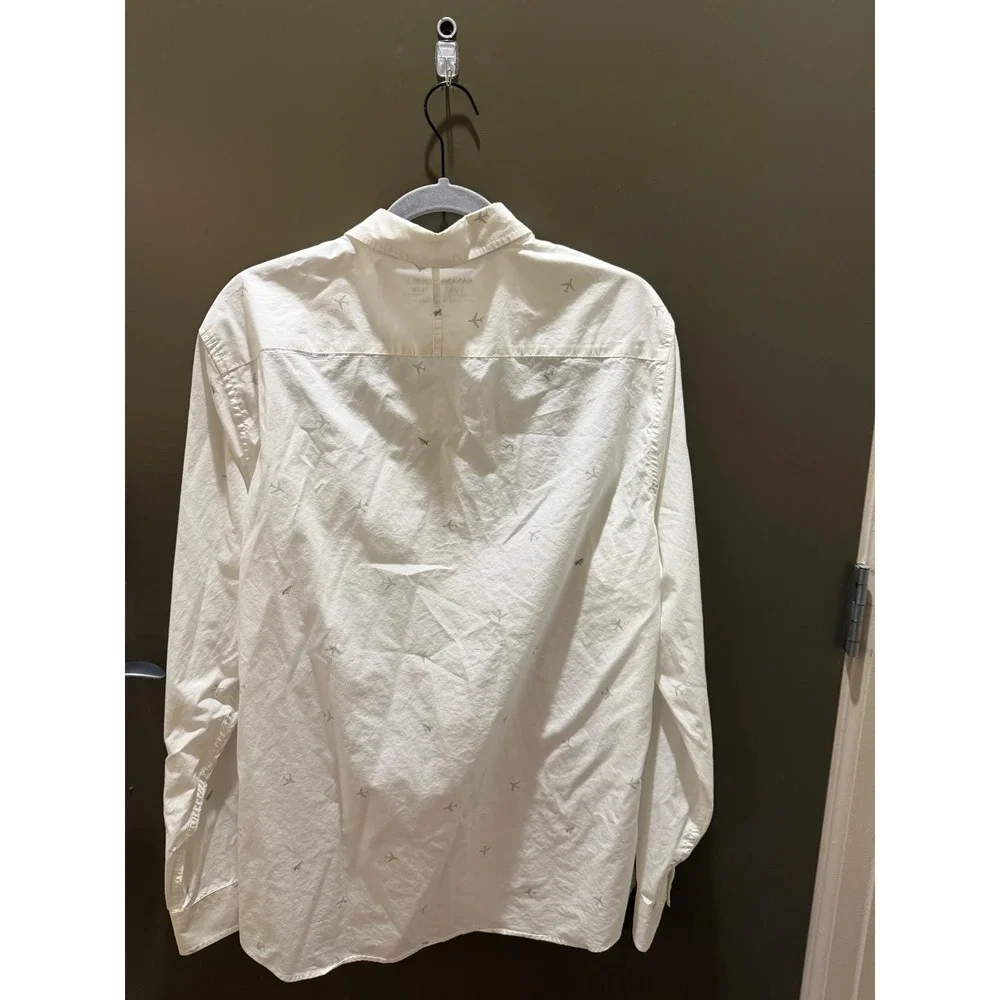 Banana Republic Luxe Poplin Mens Large Slim Fit White Airplane Print Button Down
